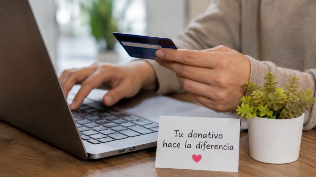 Persona realizando un donativo en línea con tarjeta de crédito desde su laptop